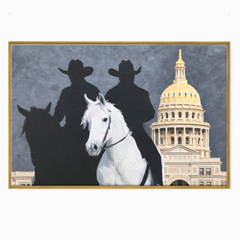 Tablou canvas cu pictura cu doi cowboy si cladire oficiala, in rama de aluminiu auriu